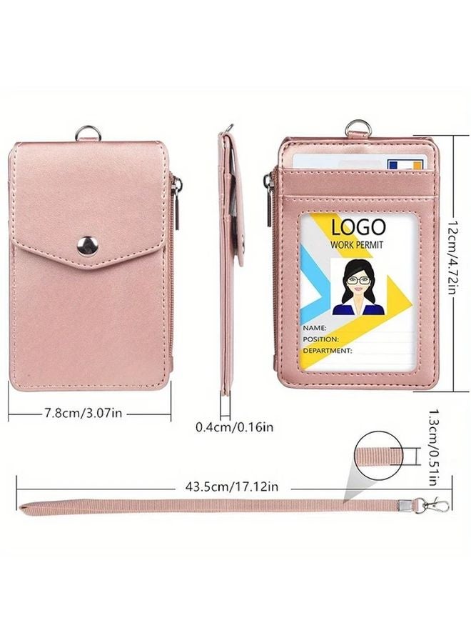 Black Faux Leather ID Badge Holder with Retractable Lanyard 4 Card Slots Zipper Pocket - Image 2